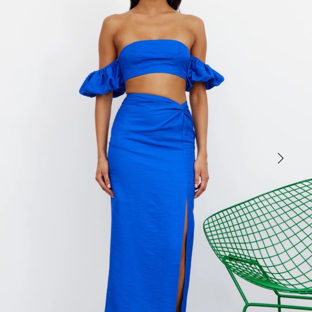 Hello Molly Blue Off Shoulder Midi Skirt Set